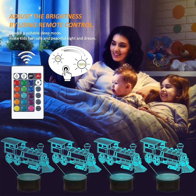 FULLOSUN Train Night Light, 3D Illusion Lamp for Kids, 16 Colors Changing with Remote Control Dim Function, Creative Birthday Xmas Gifts for Kids Boys Bedroom Decor - LeafyLoom
