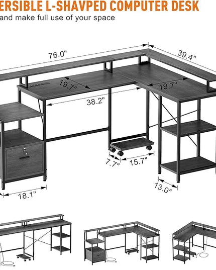IDEALHOUSE L Shaped Desk - 76" Reversible L Shaped Computer Desk with File Drawer, Office Desk with Power Outlet, L Shaped Gaming Desk with Monitor Shelf, Corner Desk for Home Office, Grey Oak - LeafyLoom