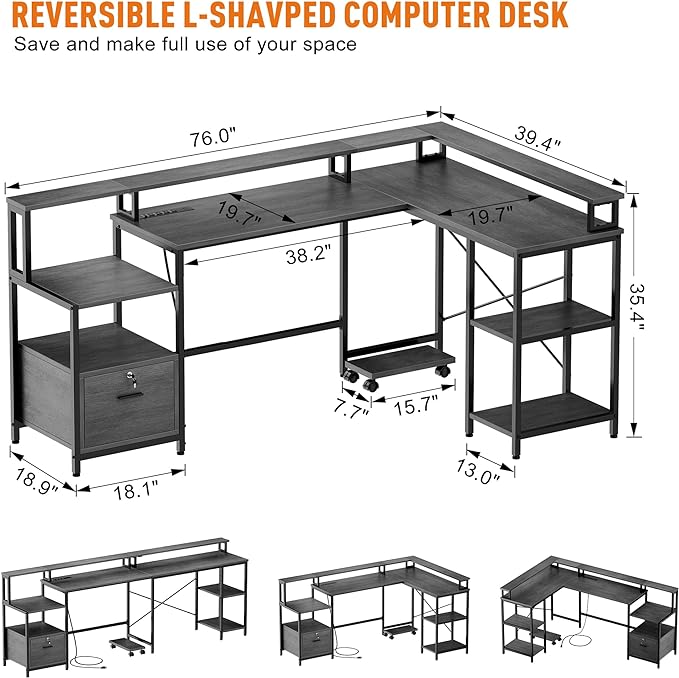IDEALHOUSE L Shaped Desk - 76" Reversible L Shaped Computer Desk with File Drawer, Office Desk with Power Outlet, L Shaped Gaming Desk with Monitor Shelf, Corner Desk for Home Office, Grey Oak - LeafyLoom