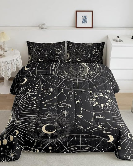 Feelyou Sun and Moon Comforter Set Boho Exotic Bedding Set Galaxy Astrology Comforter for Boys Girls Children Teens Bedroom Decor Chic Cute Luxury Zodiac Signs Duvet Set Queen Size Quilt Set - LeafyLoom