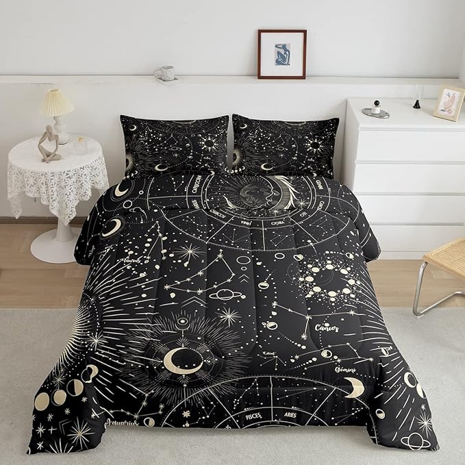 Feelyou Sun and Moon Comforter Set Boho Exotic Bedding Set Galaxy Astrology Comforter for Boys Girls Children Teens Bedroom Decor Chic Cute Luxury Zodiac Signs Duvet Set Queen Size Quilt Set - LeafyLoom