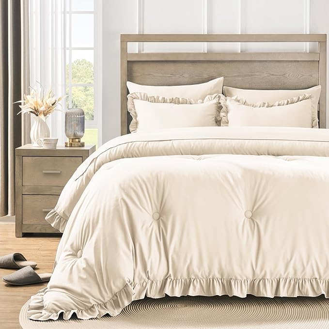 Queen Bed in a Bag 7 Pieces Comforter Set Queen, Ruffle Shabby Chic Bedding Comforter Set Birch Bed Set with Comforter, Pillowcases, Flat Sheet, Fitted Sheet and Pillow Shams - LeafyLoom