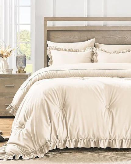 King Size Bed in a Bag 7 Pieces King Size Comforter Set, Ruffle Shabby Chic Bedding Comforter Set Birch Bed Set with Comforter, Pillowcases, Flat Sheet, Fitted Sheet and Pillow Shams - LeafyLoom