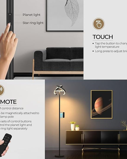 FIMEI Floor Lamp for Living Room, Saturn Ring Original Design, LED Bright Rotatable Modern Floor Lamp, Stepless Dimming and 3 Color Temperatures, Touch/Remote Control, for Bedroom Office, Black - LeafyLoom