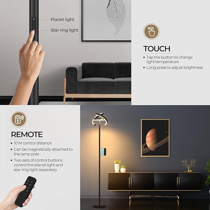 FIMEI Floor Lamp for Living Room, Saturn Ring Original Design, LED Bright Rotatable Modern Floor Lamp, Stepless Dimming and 3 Color Temperatures, Touch/Remote Control, for Bedroom Office, Black - LeafyLoom