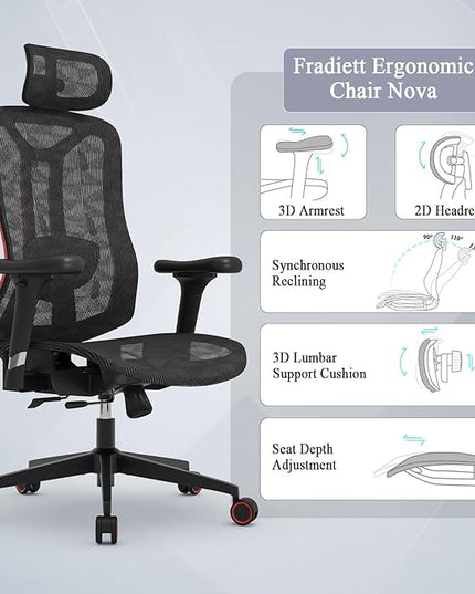 Ergonomic Mesh Office Chair - High Back Desk Chair with 3D Lumbar Support, Seat Depth Adjustable Office Chair with Headrest, 3D Armrest, Ergonomic Gaming Chair for Home Office,Tilt Function - LeafyLoom