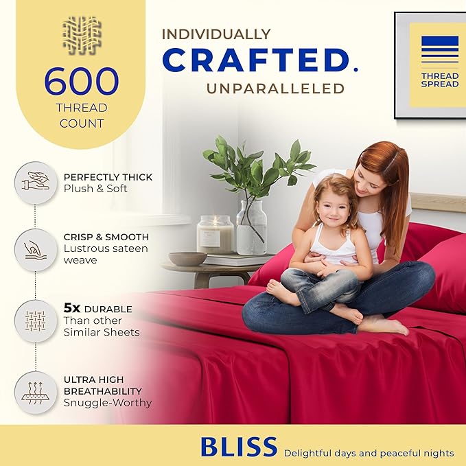 THREAD SPREAD 100% Egyptian Cotton Sheets Full Size - 600 Thread Count Sheets 4 PC 16" Deep Pocket Full Size Sheets Set, High Thread Count Soft Cooling Sateen Weave Hotel Luxury Sheets Set - Red - LeafyLoom