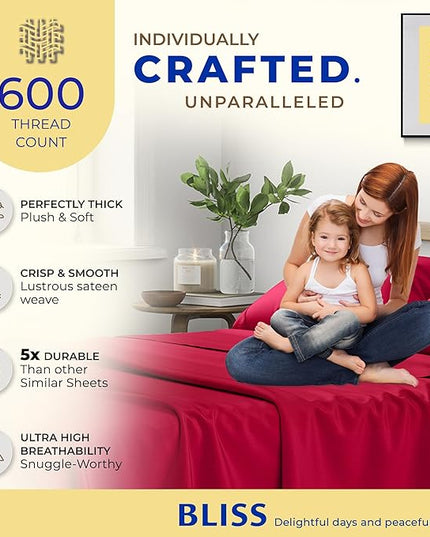 THREAD SPREAD 600 Thread Count Sheets Queen - 100% Egyptian Cotton Sheets Queen Size, 4 PC Luxury Sheets Queen Size, Ultra Soft Queen Sheets & Pillowcases Set, 16" Deep Pocket Cooling Sheet - Red - LeafyLoom