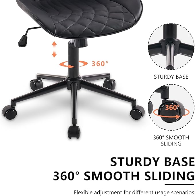 YOUNIKE Desk Chair with Wheels Armless Office Chair Swivel Rolling Task Chair with Back Upholstered Faux Leather Computer Chair Height Adjustable Modern Ergonomic Seat, Loads 300 lbs, Black - LeafyLoom