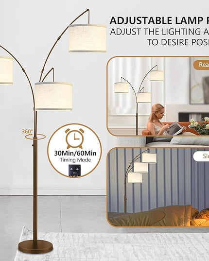Arc Floor Lamp for Living Room with Remote Control, Dimmable Modern Mid Century 3 Lights Arched Tall Floor Lamp, Adjustable Standing Corner Lamp for Living Room Bedroom Office, Beige Lampshad (Brown) - LeafyLoom