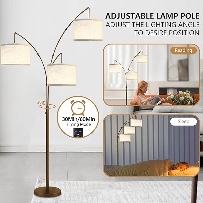 Arc Floor Lamp for Living Room with Remote Control, Dimmable Modern Mid Century 3 Lights Arched Tall Floor Lamp, Adjustable Standing Corner Lamp for Living Room Bedroom Office, Beige Lampshad (Brown) - LeafyLoom