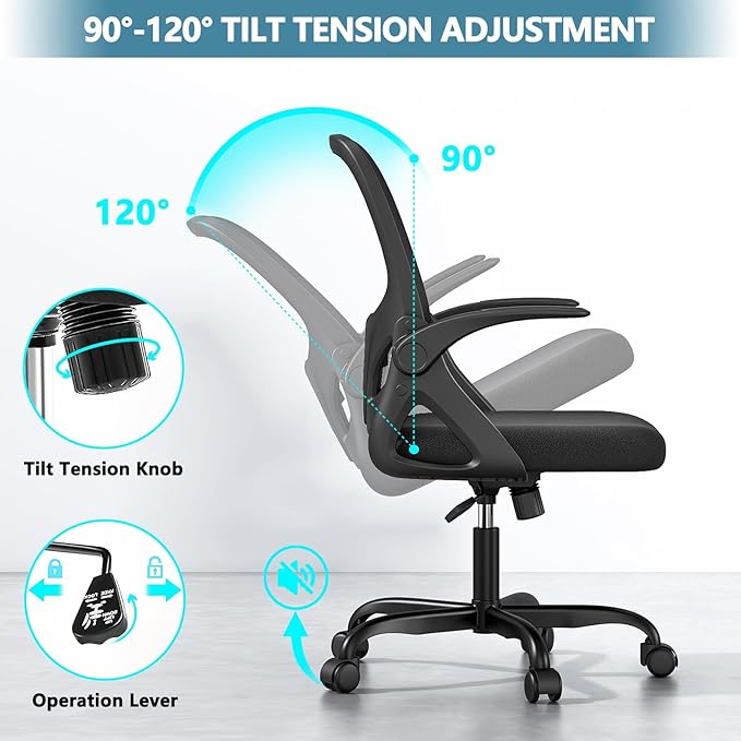 Office Desk Chair with Lumbar Support Ergonomic Mesh Office Chair with Wheels and Flip-up Armrests Adjustable Height Swivel Computer Chair for Home and Office (Black) - LeafyLoom