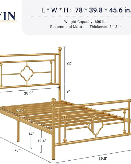 Allewie Twin Size Metal Platform Bed Frame with Victorian Vintage Headboard and Footboard/Mattress Foundation/Under Bed Storage/No Box Spring Needed/Noise-Free/Easy Assembly, Gold - LeafyLoom