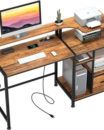 GreenForest 55 inch Computer Desk with Drawers and Outlets, Home Office Desk with Storage and Printer Shelf, Work Desk with Fabric File Drawer, Study Desk with Monitor Stand, Computer Table, Walnut - LeafyLoom