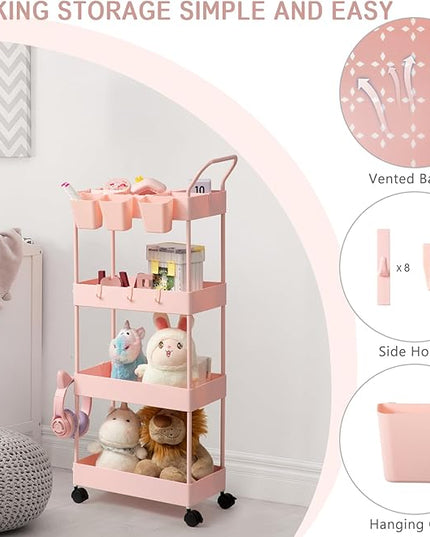 danpinera Slim Storage Cart, 4 Tier Bathroom Cart Organizer Narrow Laundry Cart with Wheels Dividers Hanging Cups Hooks Handle Makeup Lash Cart Shelf Organizer Rack Unit Easy Assembly, Pink - LeafyLoom