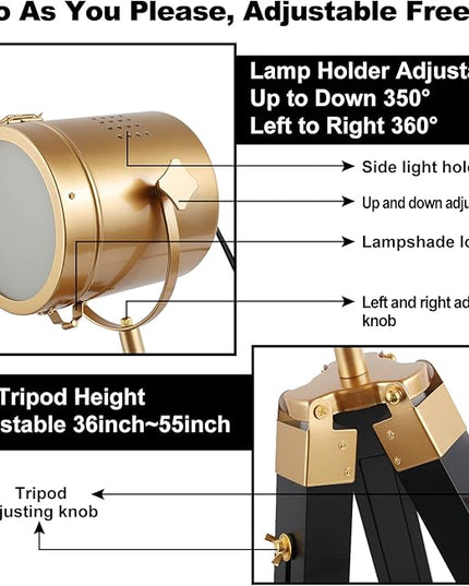 Mordern industrial tripod floor lamp for living room, bedroom office, vintage gold brass standing reading light floor lamp with camera tripod wood, rotatable nautical spotlight floor lamp black - LeafyLoom
