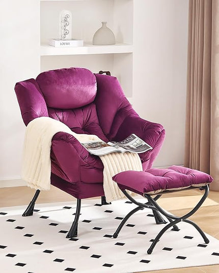 Lazy Chair and Ottoman, Large Accent Lounge Chair with Armrests and a Side Pocket, Modern Leisure Upholstered Sofa Reading Armchair with Footrest for Bedroom, Living Room, Dorm Rooms, Office - LeafyLoom
