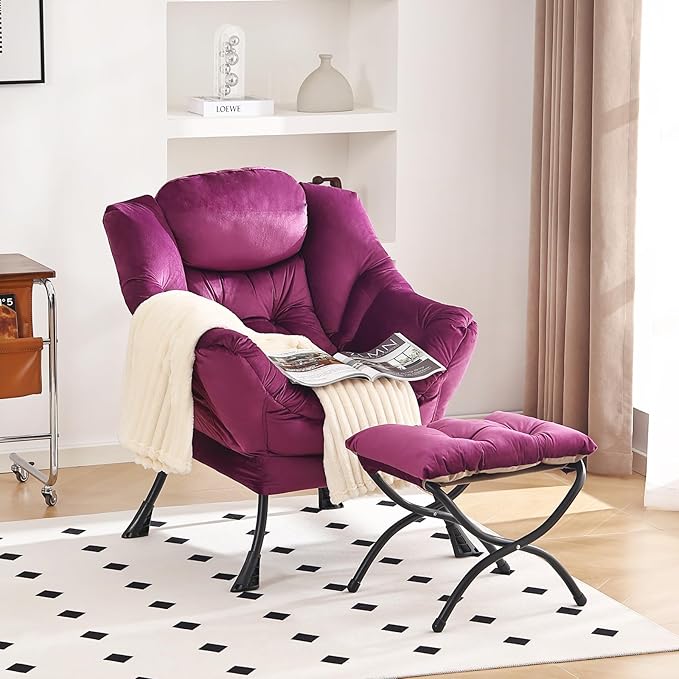 Lazy Chair and Ottoman, Large Accent Lounge Chair with Armrests and a Side Pocket, Modern Leisure Upholstered Sofa Reading Armchair with Footrest for Bedroom, Living Room, Dorm Rooms, Office - LeafyLoom