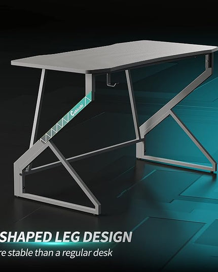 CubiCubi Simple Gaming Desk Z Shaped 47 inch Gamer Workstation, Home Computer Carbon Fiber Surface Gaming Desk PC Table with Headphone Hook, Grey - LeafyLoom