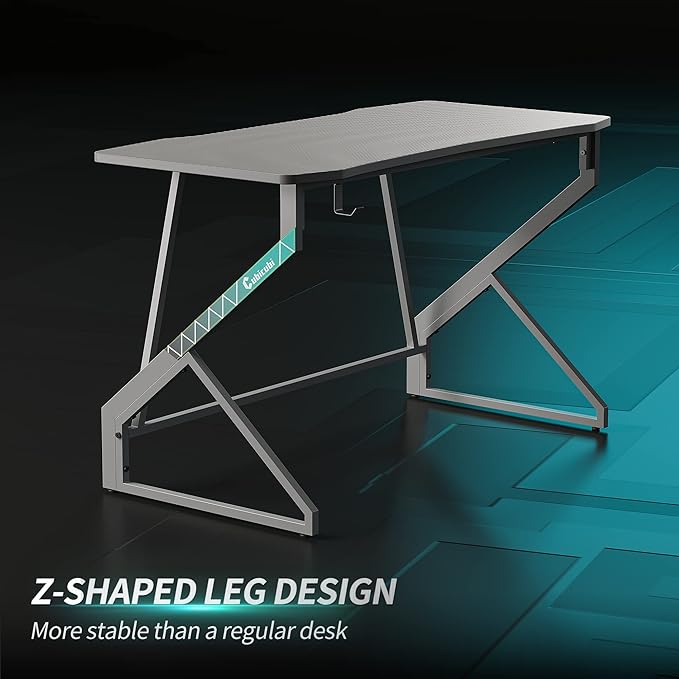 CubiCubi Simple Gaming Desk Z Shaped 47 inch Gamer Workstation, Home Computer Carbon Fiber Surface Gaming Desk PC Table with Headphone Hook, Grey - LeafyLoom