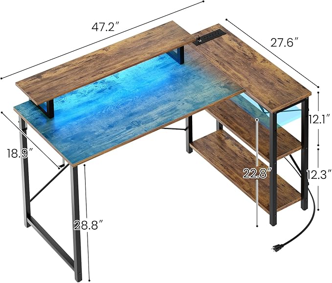Homieasy L Shaped Gaming Desk with Power Outlet & LED Light, 47 Inch Computer Desk with Storage Shelves, Reversible Corner Desk with Monitor Stand Headset Hooks for Home Office, Rustic Brown - LeafyLoom