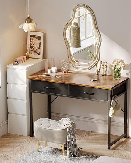 ODK 40 Inch Small Desk with Fabric Drawers- for Bedroom, Vanity Desk with Storage, Home Office Computer Desk for Small Spaces, Modern Work Writing Study Table, Vintage - LeafyLoom