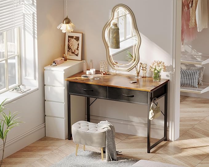 ODK 40 Inch Small Desk with Fabric Drawers- for Bedroom, Vanity Desk with Storage, Home Office Computer Desk for Small Spaces, Modern Work Writing Study Table, Vintage - LeafyLoom