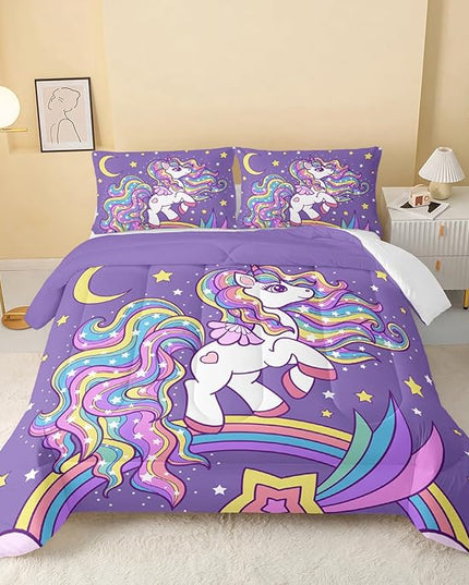 Unicorn Comforter King Size,Rainbow Unicorn Comforter Set for Kids Teens Girls,3Pcs Bedding Set Printed Comforter with 2 Pillowcases,Down Alternative,Soft and Lightweight(Purple，King Size) - LeafyLoom
