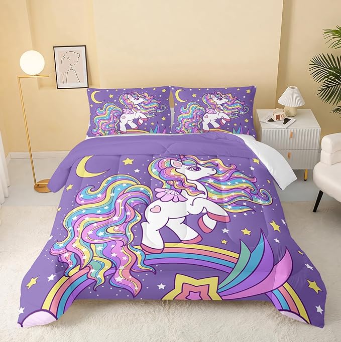 Unicorn Comforter Queen Size,Rainbow Unicorn Comforter Set for Kids Teens Girls,3Pcs Bedding Set Printed Comforter with 2 Pillowcases,Down Alternative,Soft and Lightweight(Purple，Queen Size) - LeafyLoom