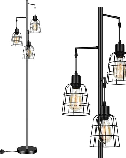Industrial 3-Light Tree Floor Lamp with Cup-shaped Cages Farmhouse Rustic Tall Standing Lamp for Living Room Vintage Elegant Black Pole Light with Edison E26 Base Metal Shade for Bedroom Office Hotel - LeafyLoom