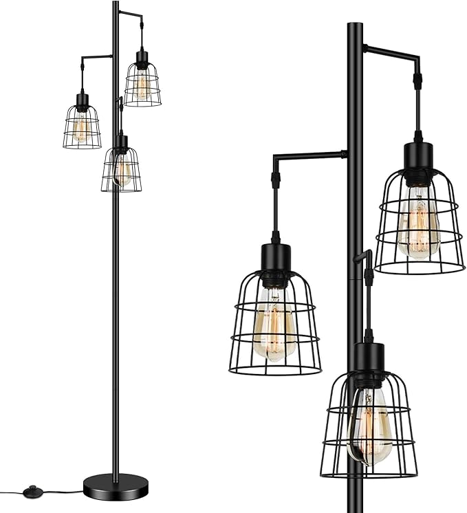Industrial 3-Light Tree Floor Lamp with Cup-shaped Cages Farmhouse Rustic Tall Standing Lamp for Living Room Vintage Elegant Black Pole Light with Edison E26 Base Metal Shade for Bedroom Office Hotel - LeafyLoom