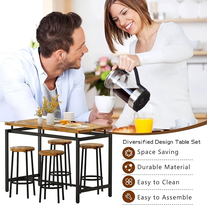 DKLGG Dinner Table Set for 4, Modern Kitchen Table and Chairs for 4 Wooden Top and Adjustable Metal Legs, Small Dining Room Table Set 5 Pieces Compact Design for Small Space - LeafyLoom