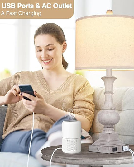 26" Farmhouse Table Lamps Set of 2, Rustic Touch Control Bedside Lamps with 2 USB Ports & AC Outlet, Vintage Resin 3-Way Dimmable Nightstand Lamp Linen Fabric Shade for Living Room Bedroom Decor Gray - LeafyLoom