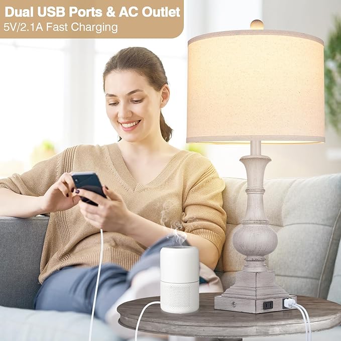 26" Farmhouse Table Lamps Set of 2, Rustic Touch Control Bedside Lamps with 2 USB Ports & AC Outlet, Vintage Resin 3-Way Dimmable Nightstand Lamp Linen Fabric Shade for Living Room Bedroom Decor Gray - LeafyLoom