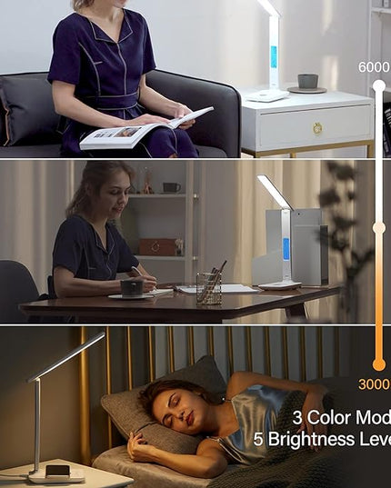 poukaran LED Desk Lamp with Wireless Charger, USB Charging Port, Office Table Lamp with Clock, Alarm, Date, Temperature for Home Office, White - LeafyLoom