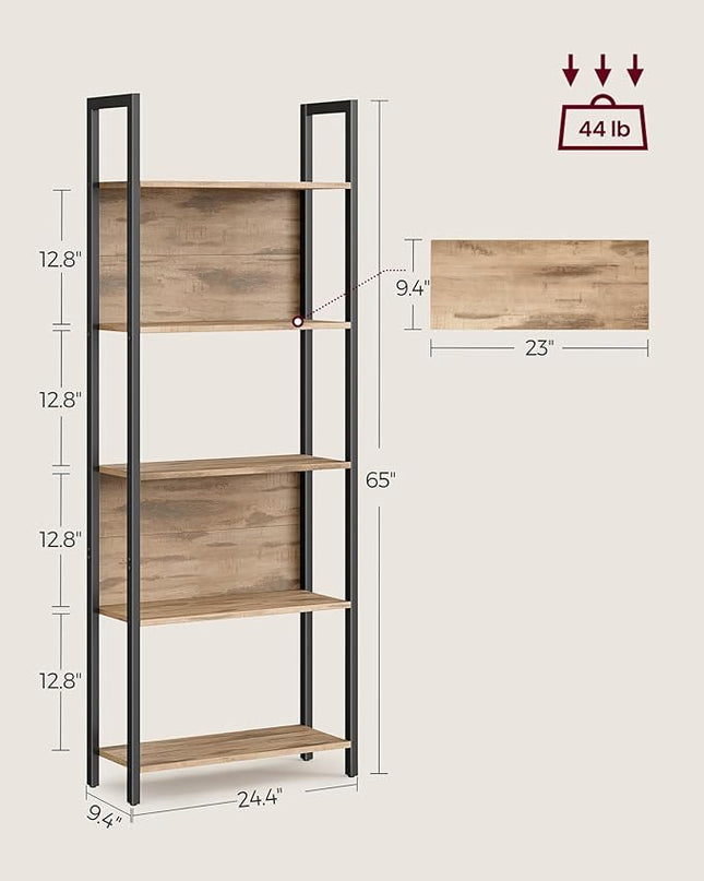 VASAGLE 5-Tier Bookshelf, Book Shelf, Industrial Bookcase, with Steel Frame, for Living Room, Home Office, Bedroom, 9.4 x 24.4 x 65 Inches, Camel Brown and Black ULLS025B50 - LeafyLoom