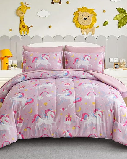 Kids Comforter Twin Bedding Sets for Girls, 6 Pieces Bed in a Bag with Shams, Sheet Set, Pink Unicorn Double Soft Microfiber Kids Comforter Bedding Set - LeafyLoom
