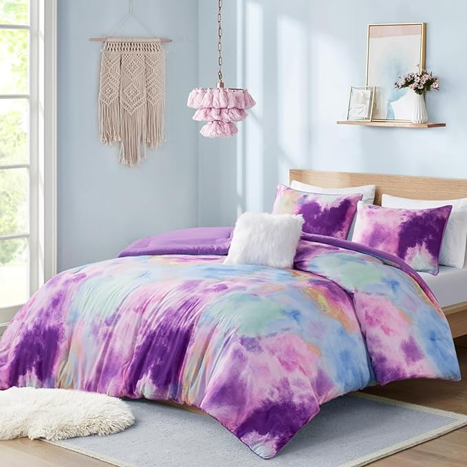 Intelligent Design Twin Comforter Set, Watercolor Twin Bedding Sets, Tie Dye Comforter Set for Teen Girl & Boys, 3 Pieces Cassiopeia Comforter, Sham, Throw Pillow Twin/Twin XL Lavender - LeafyLoom