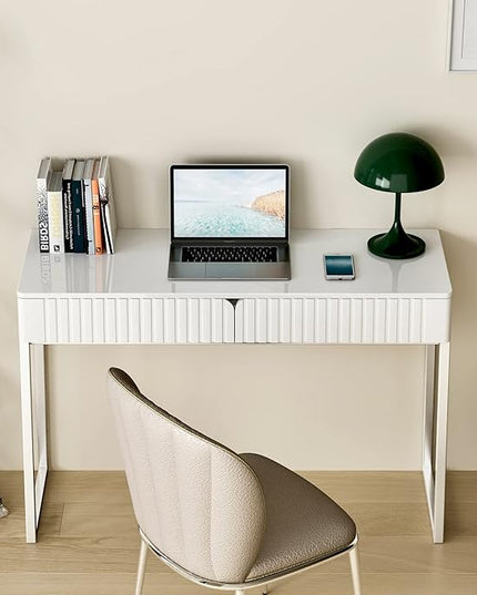 White Vanity Desk with 2 Drawers, Silver and White Desk,Home Office Desk Modern Makeup Vanity Table with Glossy Desktop,Writing Computer Standing Desk with Wood Top and Metal Legs - LeafyLoom