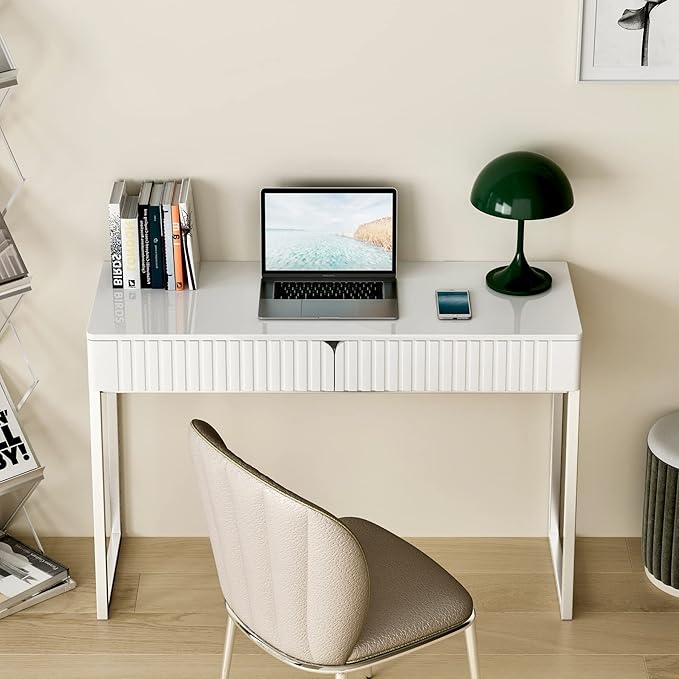 White Vanity Desk with 2 Drawers, Silver and White Desk,Home Office Desk Modern Makeup Vanity Table with Glossy Desktop,Writing Computer Standing Desk with Wood Top and Metal Legs - LeafyLoom