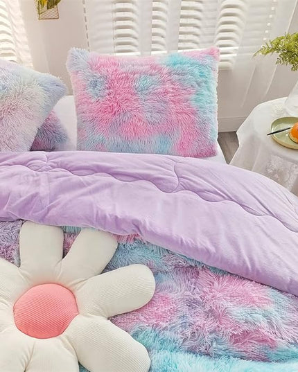 Faux Fur Kids Girls Purple Rainbow Comforter Sets King - 3PC Bed Set Warm Comfortable Soft Plush Flannel Velvet Fluffy Fuzzy Bedding（Comforter x 1 Pillowcases x 2） - LeafyLoom