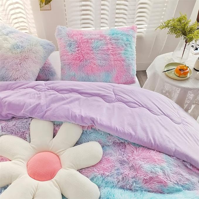 Faux Fur Kids Girls Purple Rainbow Comforter Sets King - 3PC Bed Set Warm Comfortable Soft Plush Flannel Velvet Fluffy Fuzzy Bedding（Comforter x 1 Pillowcases x 2） - LeafyLoom