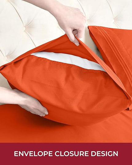 Mellanni RV Short Queen Sheets - 4 PC Iconic Collection Bedding Sheets & Pillowcases - Hotel Luxury, Extra Soft, Cooling Bed Sheets - Deep Pocket up to 10 inch (RV/Short Queen, Poppy Orange) - LeafyLoom