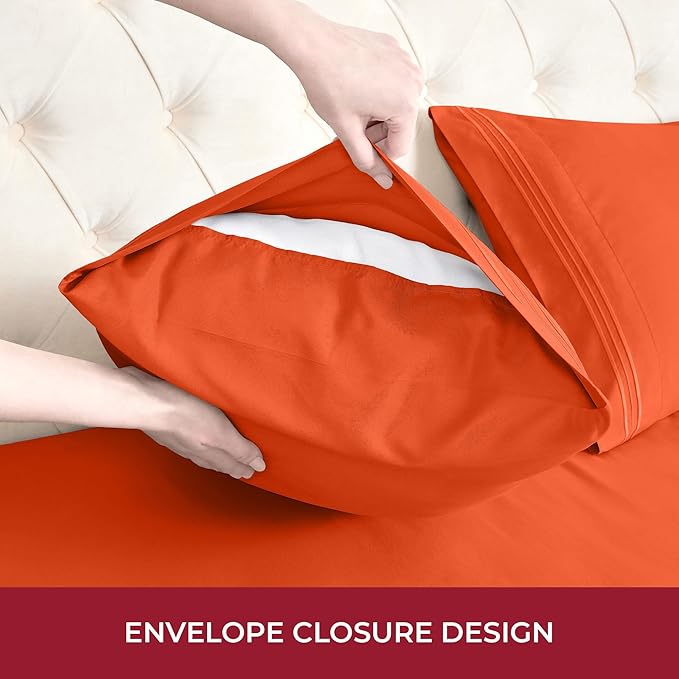 Mellanni RV Short Queen Sheets - 4 PC Iconic Collection Bedding Sheets & Pillowcases - Hotel Luxury, Extra Soft, Cooling Bed Sheets - Deep Pocket up to 10 inch (RV/Short Queen, Poppy Orange) - LeafyLoom