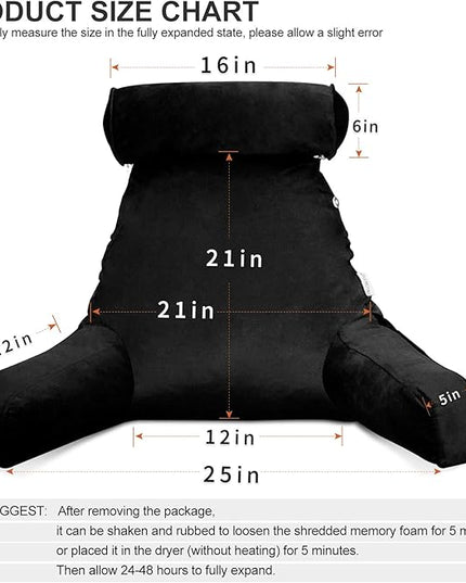 Shredded Foam Reading Pillow with Detachable Neck Roll & Big Bed Backrest Pillow for Bed with Arms and Side Pocket - Perfect for Back Support While Relaxing, Gaming, Reading - LeafyLoom