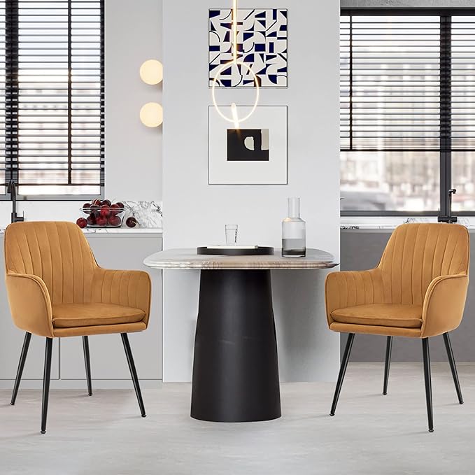 CangLong Furniture Modern Living Dining Room Accent Arm Chairs Club Guest Metal, Set of 2, Brown+Black Legs - LeafyLoom
