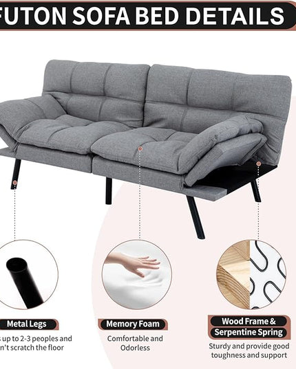 MUUEGM Futon Sofa Bed Convertible Memory Foam Sleeper Couch,Modern Loveseat for Living Room,Small Compact Space,Dorm,Office,Adjustable Armrests Backrest Sofabed, Linen Light Grey - LeafyLoom