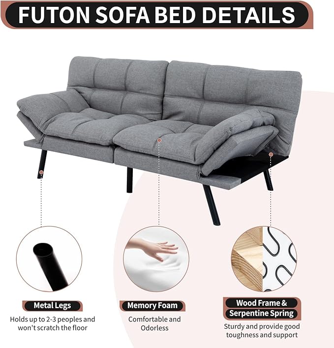 MUUEGM Futon Sofa Bed Convertible Memory Foam Sleeper Couch,Modern Loveseat for Living Room,Small Compact Space,Dorm,Office,Adjustable Armrests Backrest Sofabed, Linen Light Grey - LeafyLoom