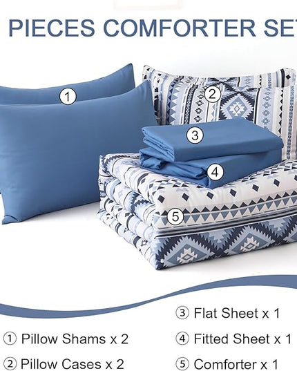 Dinjoy Blue Comforter Set Queen Size, Western Bedding Sets Queen 7 Pieces Bed in a Bag Geometric Striped Comforters with Sheets Aztec Patchwork Complete Set for All Seasons 90"x90" - LeafyLoom
