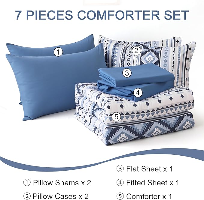 Dinjoy Blue Comforter Set Queen Size, Western Bedding Sets Queen 7 Pieces Bed in a Bag Geometric Striped Comforters with Sheets Aztec Patchwork Complete Set for All Seasons 90"x90" - LeafyLoom